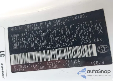 2020 Toyota Camry Le from USA, damaged, VIN 4T1C11AK0LU356361